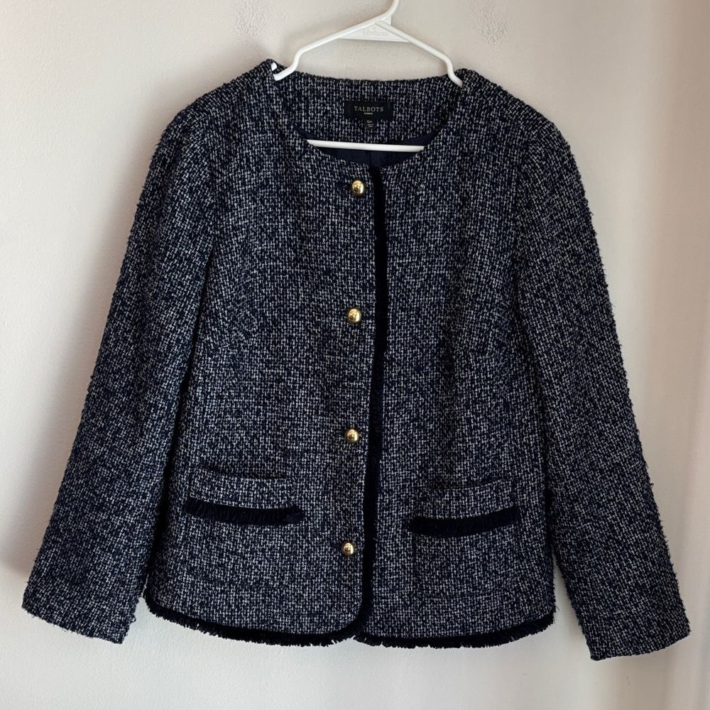 Talbots Women Navy Tweed fringe Blazer suit jacket Gold Buttons front pocket 12W
